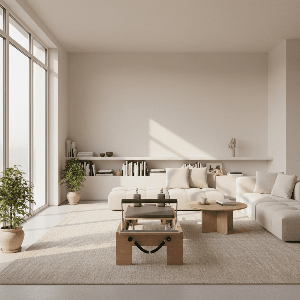 Spacious living room with a Pilates reformer in natural light