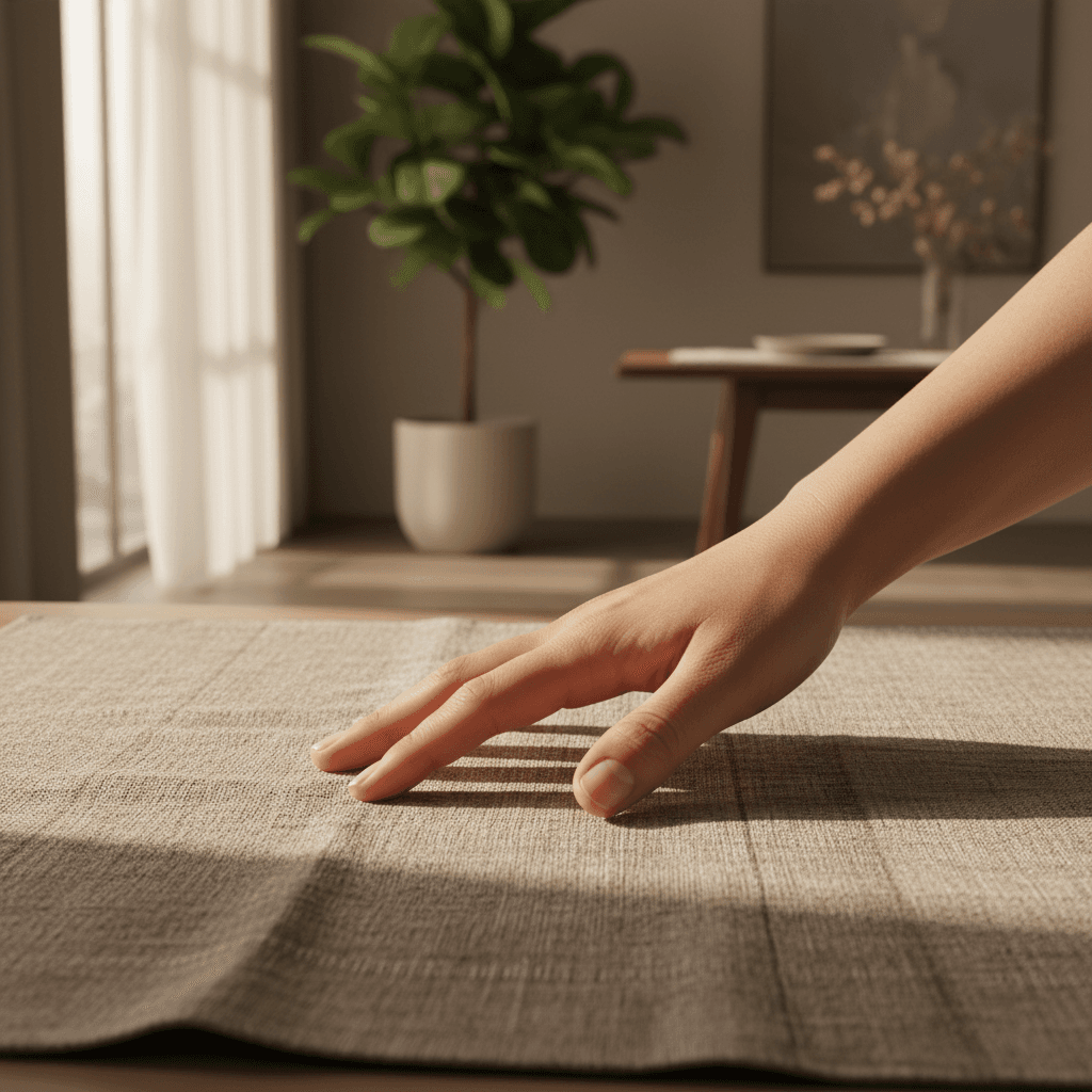 Hand pressing into a Pilates mat with soft natural light